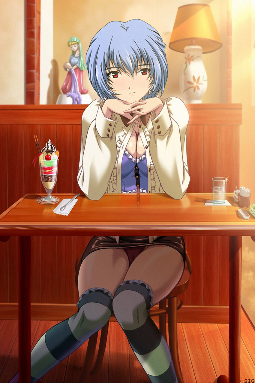 artist_request ayanami_rei blue_hair blush breasts cleavage highres large_breasts legs looking_at_viewer miniskirt neon_genesis_evangelion panties pantyshot pov pov_across_table red_eyes short_hair sitting skirt striped striped_legwear thighhighs thighs third-party_edit underwear upskirt