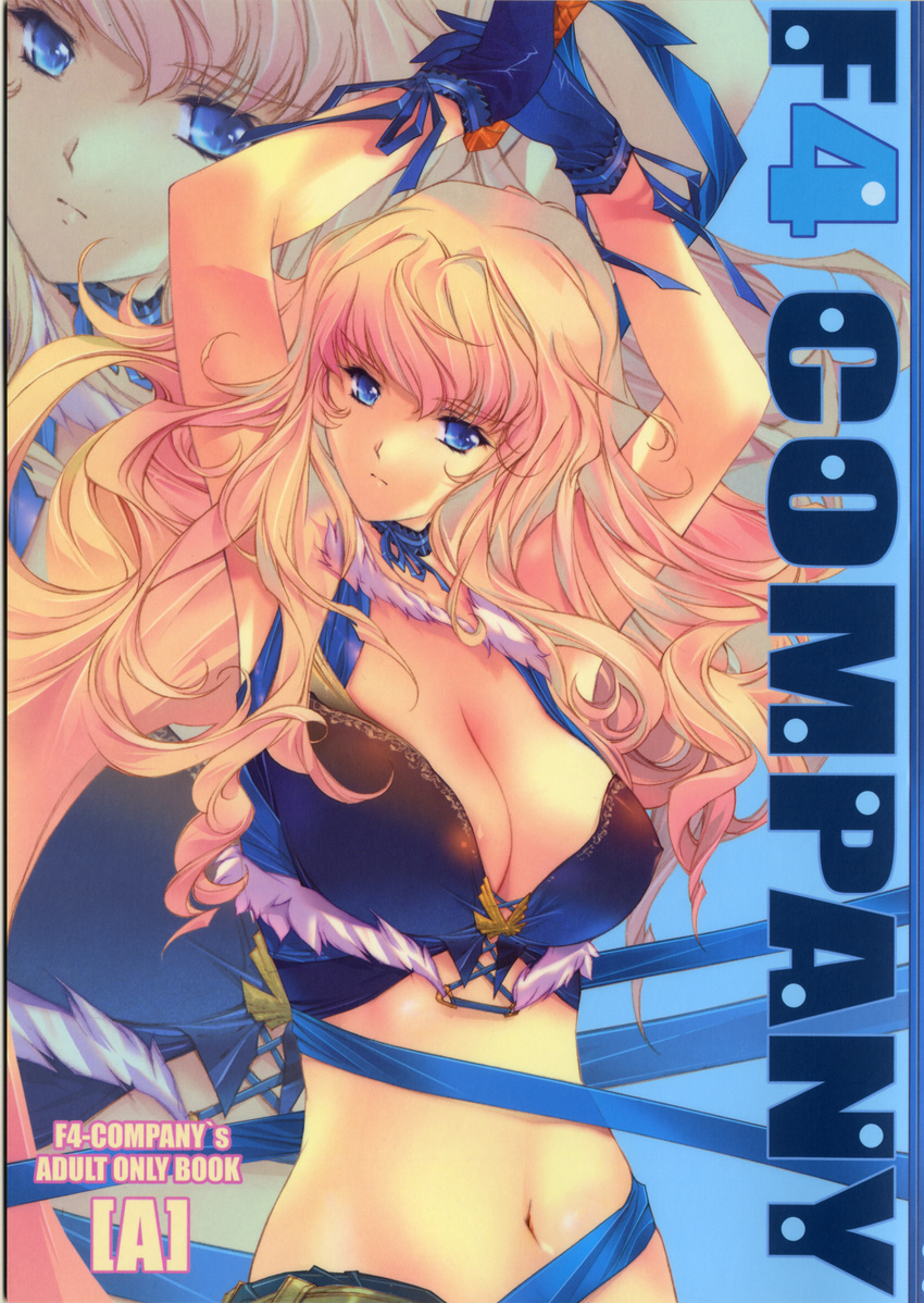 absurdres arms_up blonde_hair blue_eyes breasts choker cleavage cover cover_page crop_top doujinshi gloves highres large_breasts long_hair macross macross_frontier microphone midriff min-naraken navel ribbon scan sheryl_nome solo zoom_layer