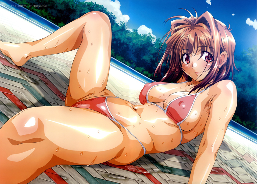 barefoot bikini blush breasts day highres kawai_rie large_breasts lovers navel red_eyes short_hair solo sweat swimsuit taki_minashika