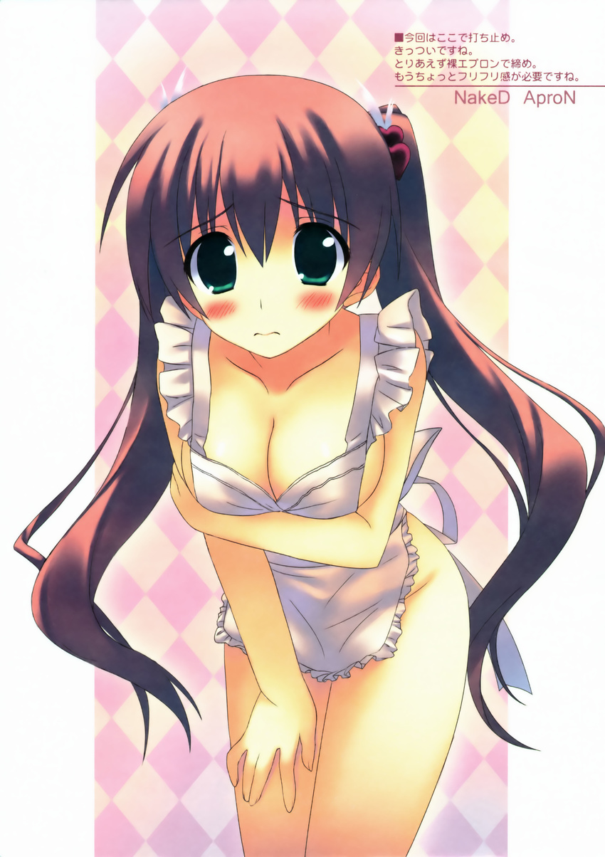absurdres apron blush breasts brown_hair cleavage copyright_request green_eyes highres kiba_satoshi large_breasts long_hair naked_apron solo twintails