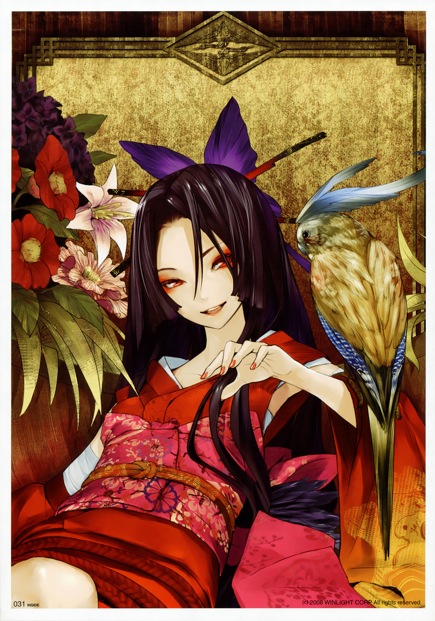 absurdres black_hair copyright_request flower highres japanese_clothes long_hair red_eyes redjuice solo