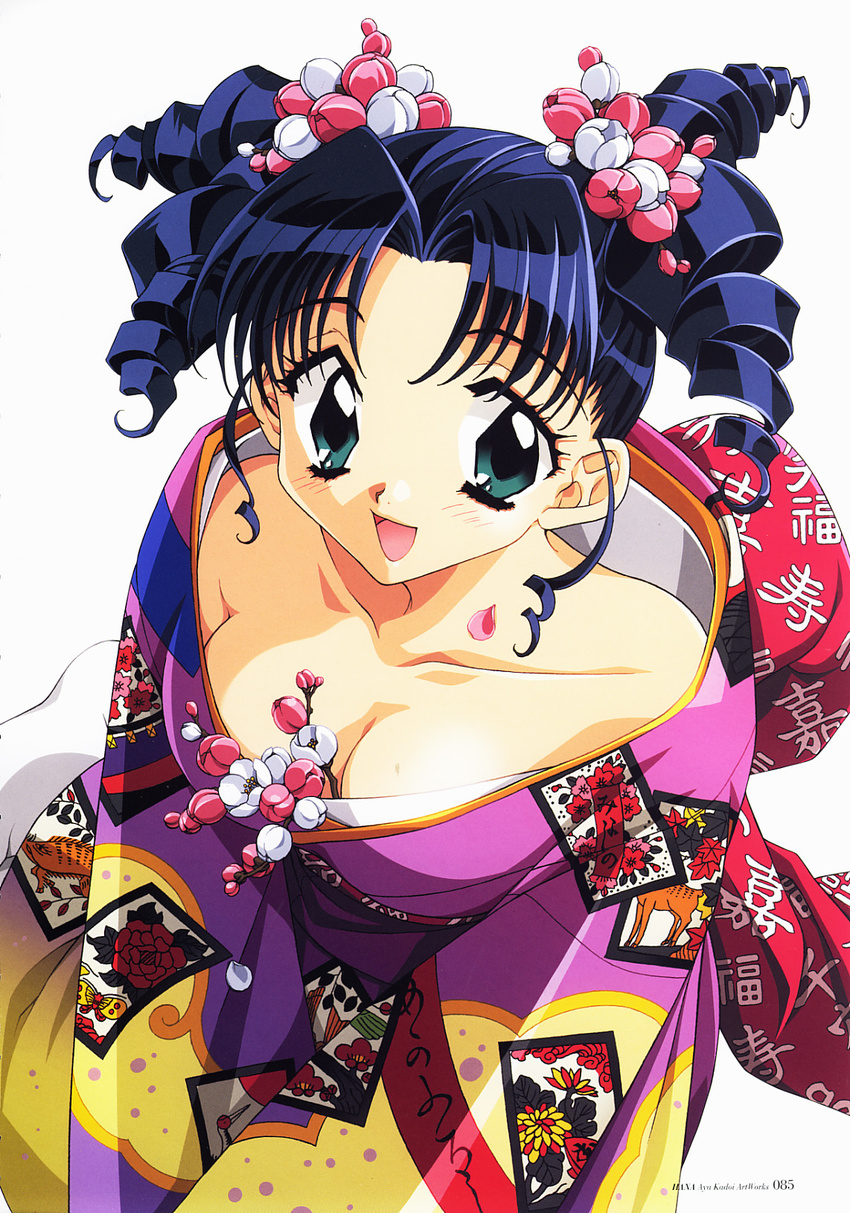 blue_hair breasts cleavage copyright_request drill_hair green_eyes highres japanese_clothes kadoi_aya kimono large_breasts solo