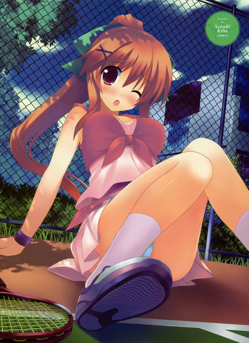 absurdres blush chain-link_fence copyright_request fence highres kiba_satoshi one_eye_closed orange_hair panties pantyshot pink_eyes ponytail racket solo tennis tennis_racket underwear