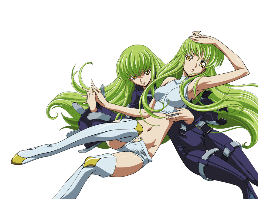 absurdres armpits bare_shoulders boots c.c. code_geass dual_persona green_hair highres holding_hands long_hair midriff multiple_girls smirk thigh_boots thighhighs time_paradox transparent_background vector_trace white_legwear yellow_eyes