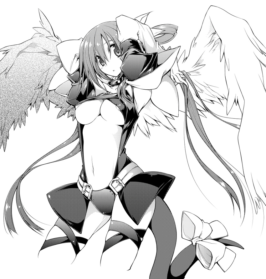1girl asymmetrical_wings bow breasts dizzy greyscale guilty_gear hair_bow large_breasts long_hair midriff monochrome navel nipple_slip nipples ribbon solo tail tail_ribbon underboob wings