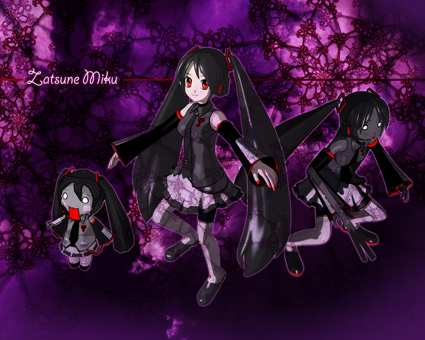 artist_request black_hair character_name chibi crossover darkness detached_sleeves gothic hachune_miku headphones heartless kingdom_hearts long_hair miniskirt multiple_girls necktie o_o red_eyes shoes skirt smile spring_onion thighhighs twintails very_long_hair vocaloid wallpaper zatsune_miku