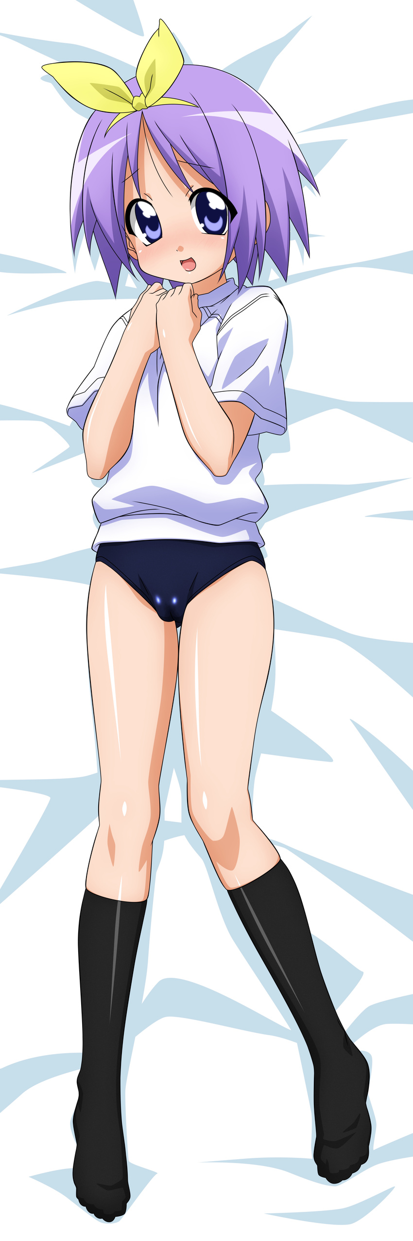 absurdres bed black_legwear blue_eyes blush bow buruma cameltoe dakimakura feet full_body gym_uniform hair_ribbon highres hiiragi_tsukasa incredibly_absurdres lucky_star lying open_mouth purple_hair ribbon short_hair socks solo sugimura_tomokazu