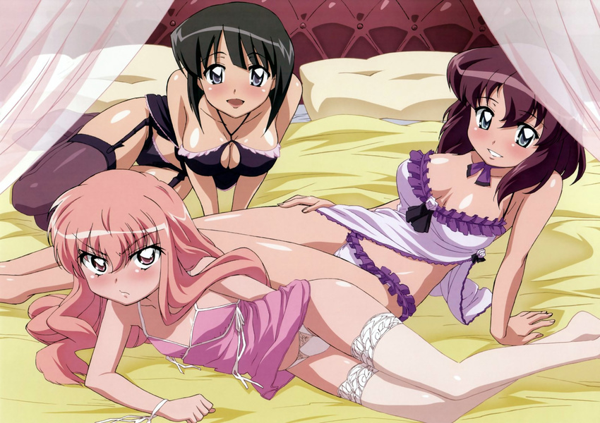 :/ :d age_difference arm_behind_back arm_support bangs bare_shoulders bed black_eyes black_legwear black_panties blue_eyes blunt_bangs blush breasts breasts_apart chemise choker cleavage cleavage_cutout curtains detexted flat_chest flower frilled_panties frills frown fujii_masahiro garter_belt grin hair_between_eyes hand_on_thigh henrietta_de_tristain highres indoors lace lace-trimmed_panties lace-trimmed_thighhighs large_breasts leaning_back lingerie long_hair long_legs louise_francoise_le_blanc_de_la_valliere lying megami multiple_girls neck_ribbon official_art on_bed on_side open_mouth panties pillow pink_eyes pink_hair pout purple_hair purple_panties ribbon ribbon_choker rose scan shiny shiny_skin short_hair sideboob siesta sitting smile thigh_gap thighhighs third-party_edit transparent underwear underwear_only v-shaped_eyebrows v_arms white_legwear white_panties wrist_ribbon zero_no_tsukaima