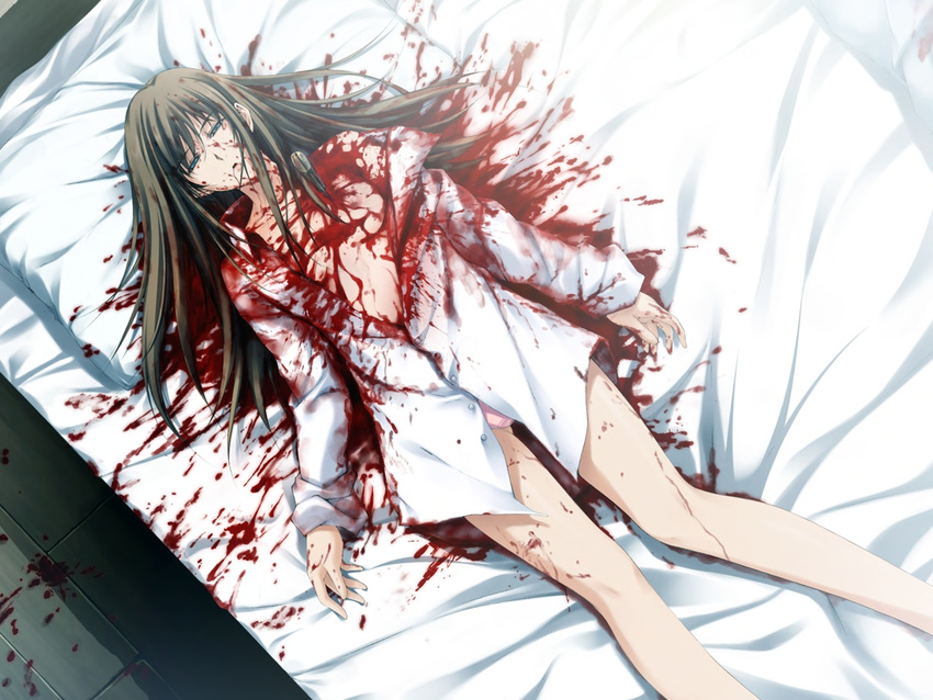bed blood blue_eyes brown_hair death dress_shirt dutch_angle flat_chest from_above game_cg guro knife legs long_hair lying no_bra no_pants off_shoulder on_back open_clothes open_mouth open_shirt panties pillow pink_panties pp:_pianissimo shirakawa_ayane shirt solo sugina_miki underwear weapon