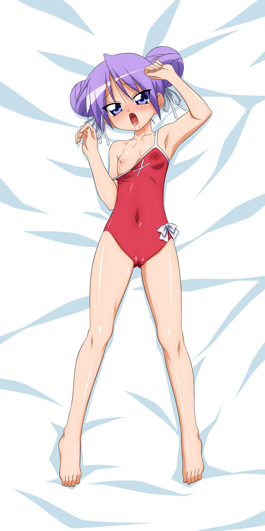 absurdres alternate_hairstyle armpits barefoot breasts cameltoe dakimakura feet full_body highres hiiragi_kagami huge_filesize incredibly_absurdres lucky_star medium_breasts nipples one-piece_swimsuit open_mouth purple_hair solo sugimura_tomokazu swimsuit