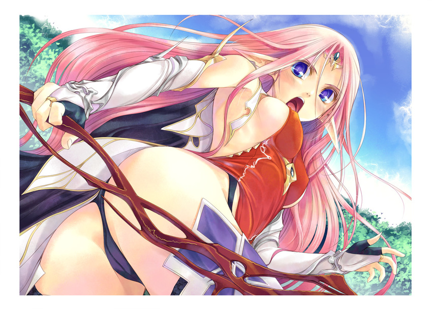 ass black_panties blue_eyes blush breasts bridal_gauntlets cameltoe covered_nipples d: day dutch_angle elf fantasy forehead_jewel from_below holding kirishima_satoshi large_breasts long_hair looking_at_viewer open_mouth original outdoors panties pink_hair pointy_ears sky sleeveless slit_pupils solo thighhighs underwear very_long_hair
