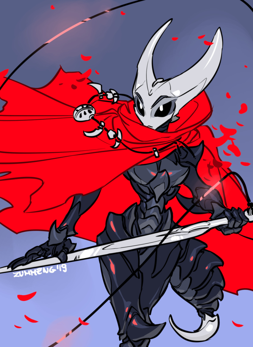 2019 4_fingers abdomen anthro arthropod clothed clothing digital_media_(artwork) hollow_knight hornet_(hollow_knight) insect melee_weapon solo stinger thin_waist weapon wide_hips zummeng