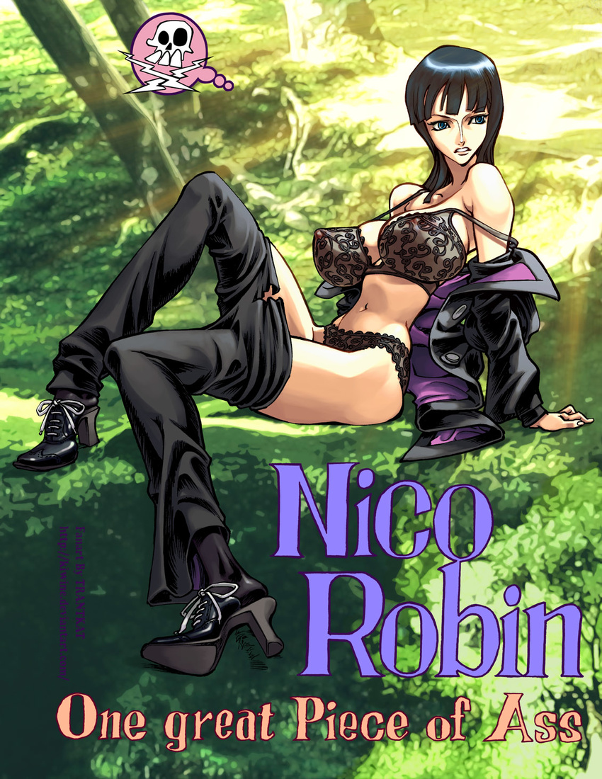 black_hair blue_eyes bra breasts character_name formal high_heels highres huge_breasts kevin_herault lingerie long_hair nico_robin one_piece open_clothes open_shirt panties shirt shoes solo suit underwear undressing