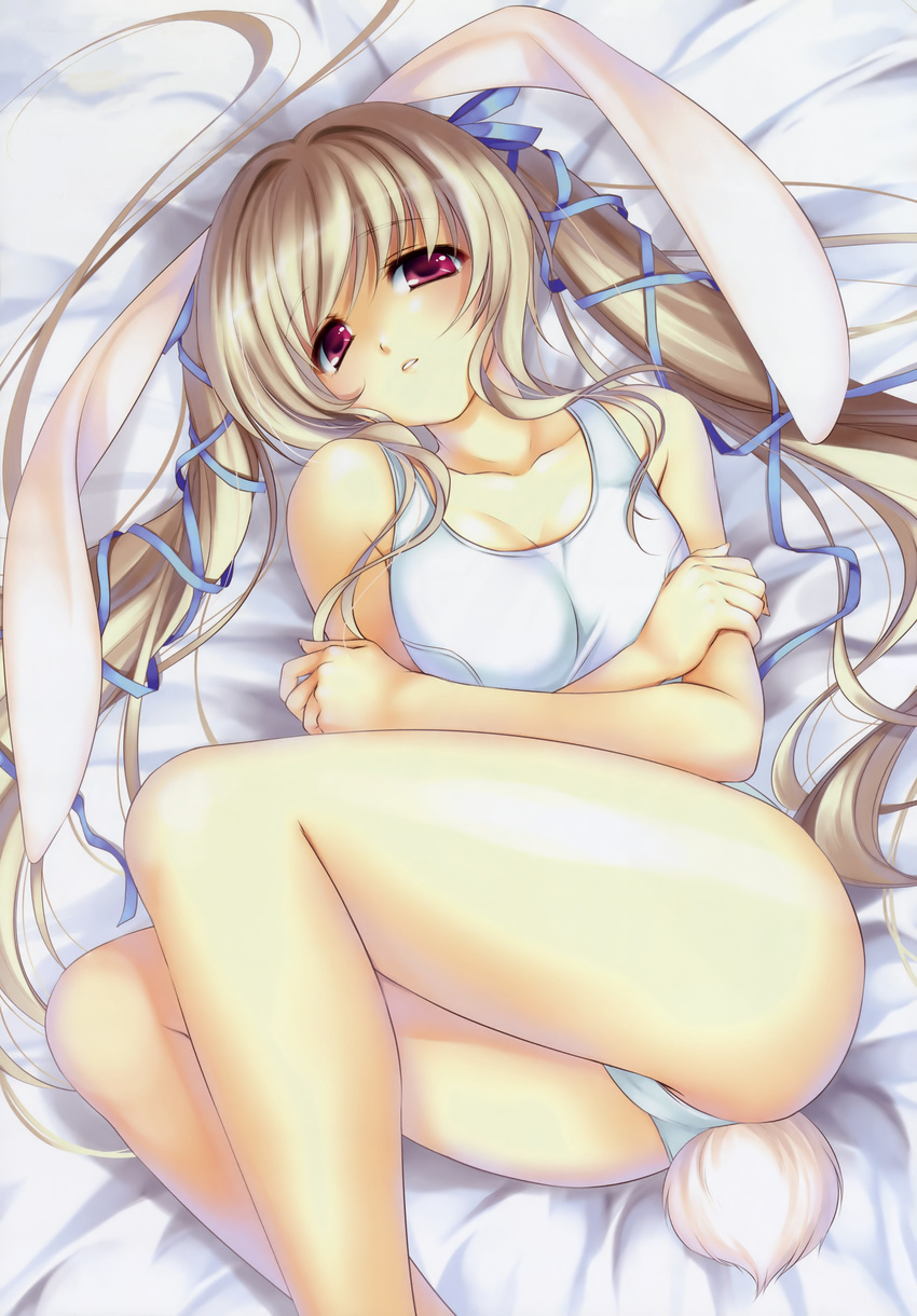absurdres animal_ears ass ayase_hazuki bed breasts bunny_ears bunny_tail hair_ribbon highres large_breasts legs long_hair long_legs lying one-piece_swimsuit original parted_lips red_eyes ribbon school_swimsuit solo swimsuit tail thick_thighs thighs twintails very_long_hair white_hair white_school_swimsuit white_swimsuit