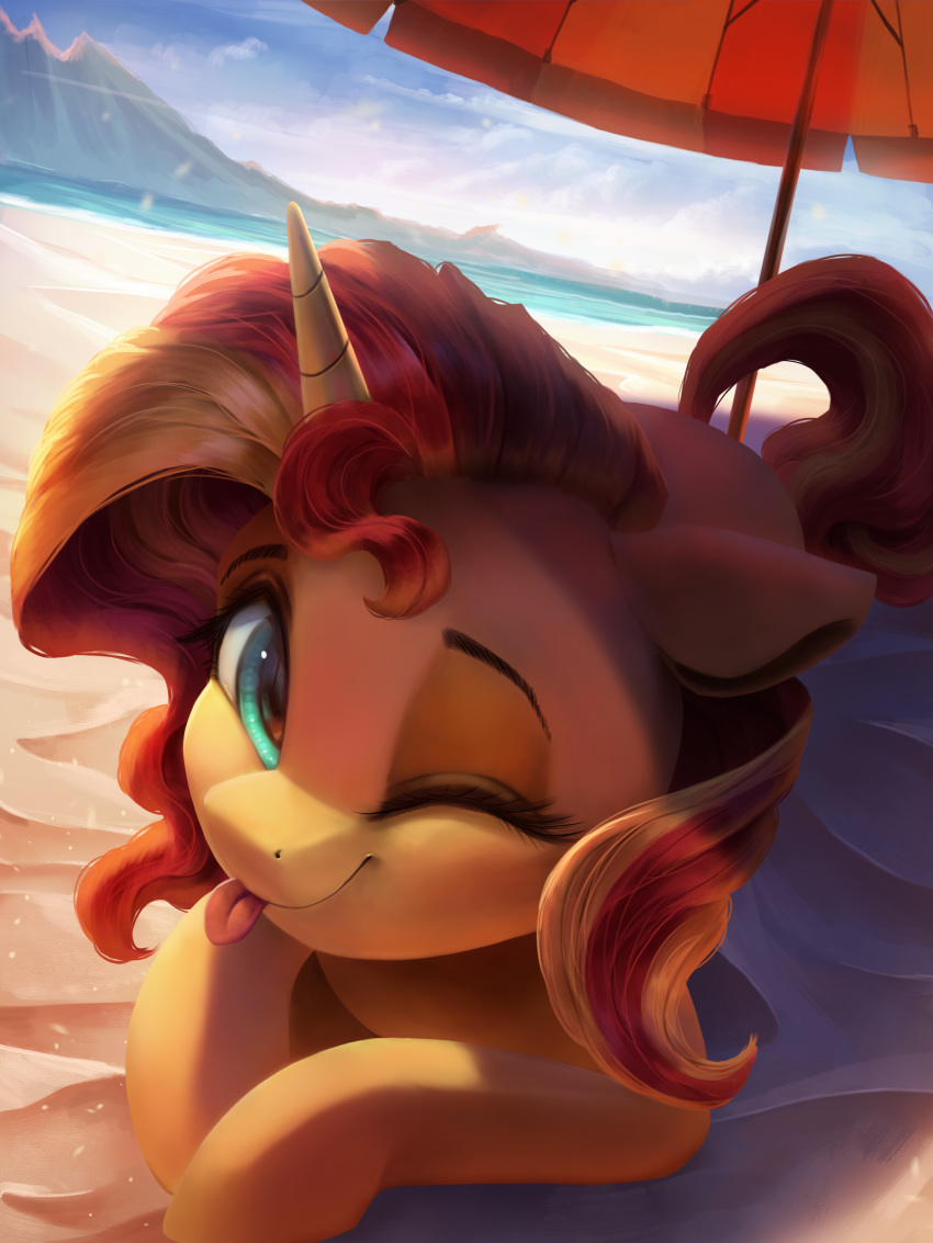 2019 absurd_res beach detailed_background equestria_girls equine female feral hi_res horn looking_at_viewer mammal mountain my_little_pony outside seaside smile solo sunset_shimmer_(eg) tongue tongue_out unicorn vanillaghosties
