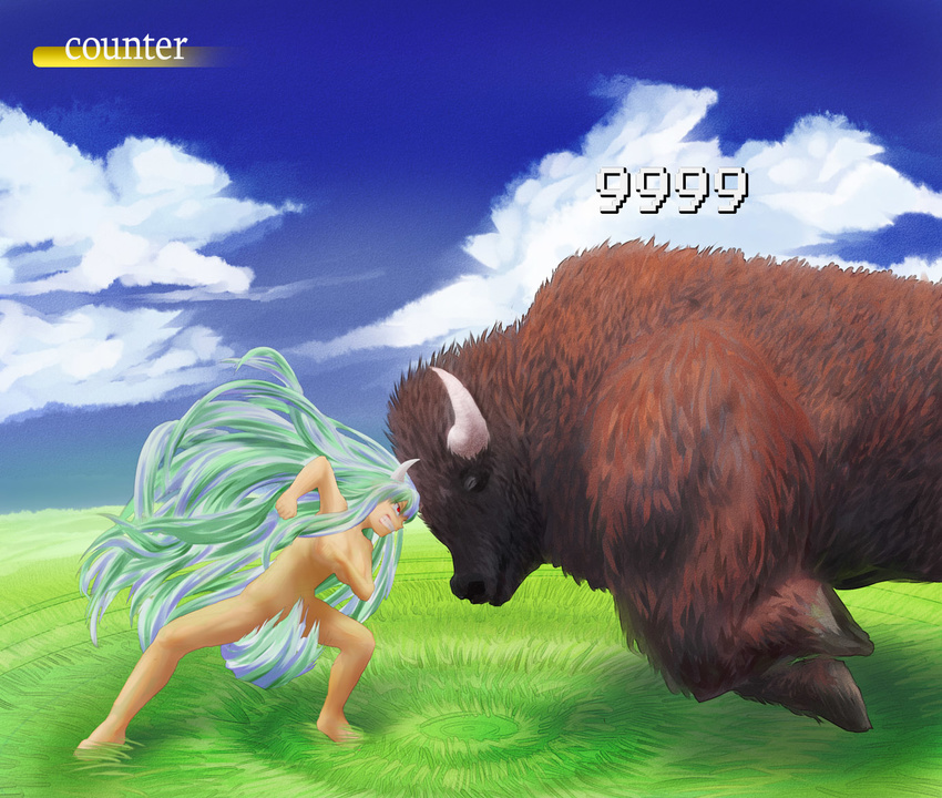 azzie_(az_man_studios) bad_id bad_pixiv_id barefoot battle bison caved censored convenient_censoring damage_numbers duel epic ex-keine gameplay_mechanics grass green_hair headbutt horns kamishirasawa_keine long_hair nude red_eyes tail_censor touhou very_long_hair