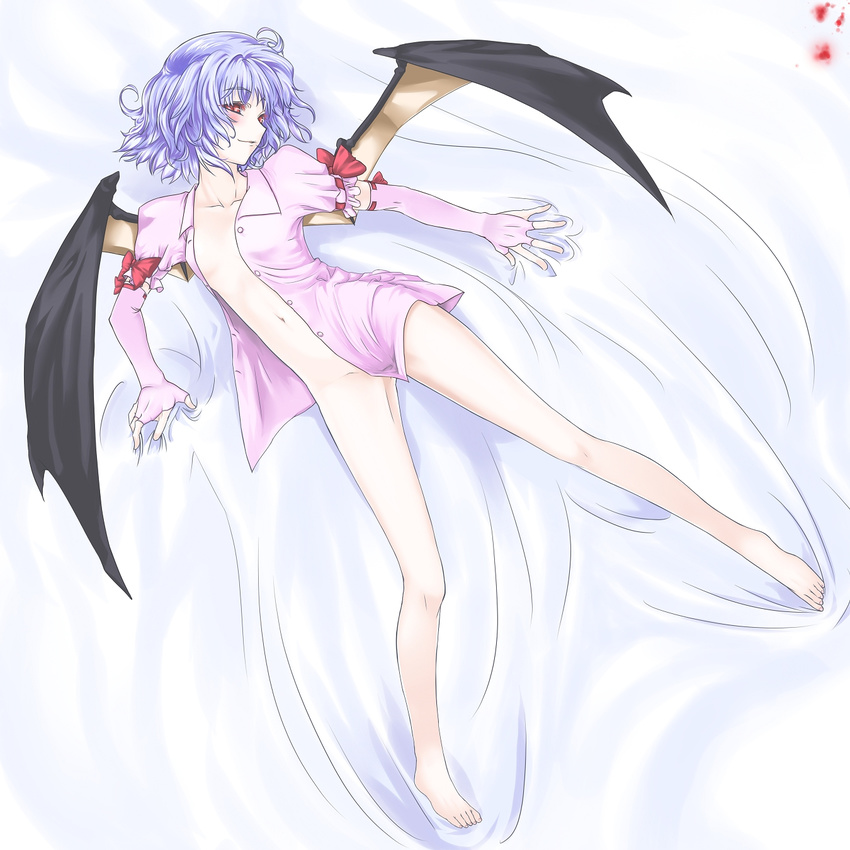 barefoot bat_wings blood blue_hair blush bridal_gauntlets convenient_censoring elbow_gloves feet fingerless_gloves flat_chest gloves hands haruichi highres long_legs naked_shirt naughty_face open_clothes open_shirt red_eyes remilia_scarlet shirt skinny solo touhou wings