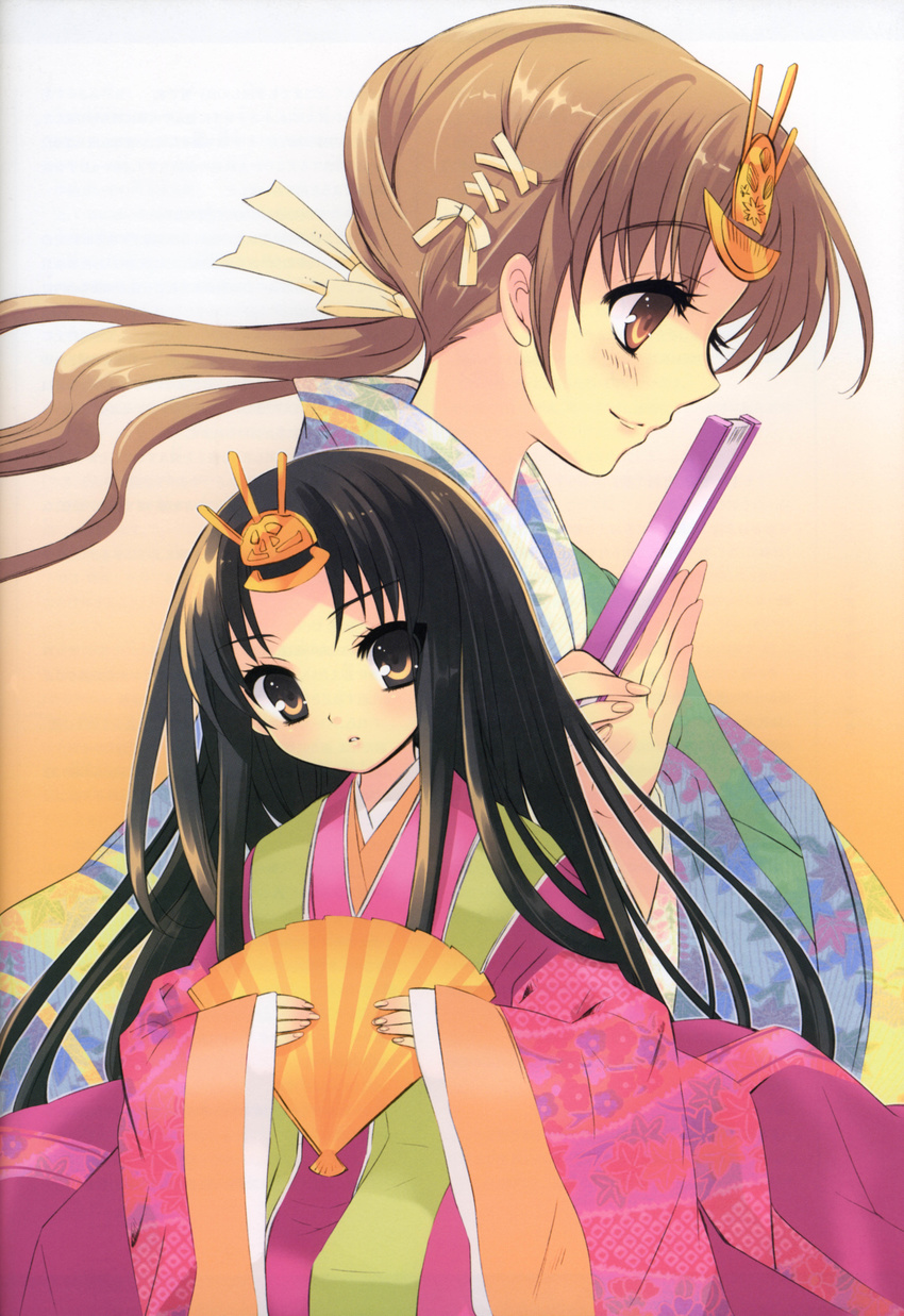 absurdres black_hair blush brown_eyes brown_hair fan highres itou_noiji japanese_clothes long_hair multiple_girls ribbon scan shakugan_no_shana shana smile yoshida_kazumi