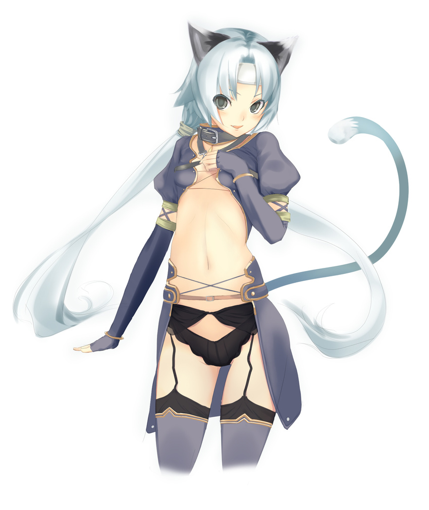 animal_ears bad_id bad_pixiv_id blush cat_ears cat_tail chobin collar cropped_legs fang flat_chest garter_belt garters headband highres long_hair meracle_chamlotte midriff navel panties simple_background smile solo star_ocean star_ocean_the_last_hope tail thighhighs underwear very_long_hair white_background