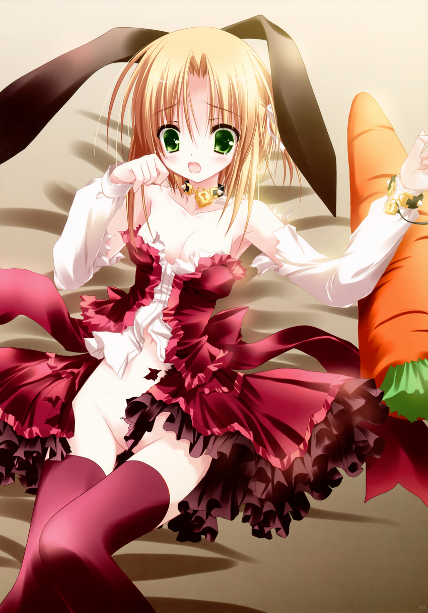 absurdres animal_ears blonde_hair breasts bunny_ears carrot choker cleavage convenient_censoring copyright_request dress green_eyes highres long_hair no_panties non-web_source red_legwear small_breasts solo thighhighs tinker_bell torn_clothes wardrobe_malfunction