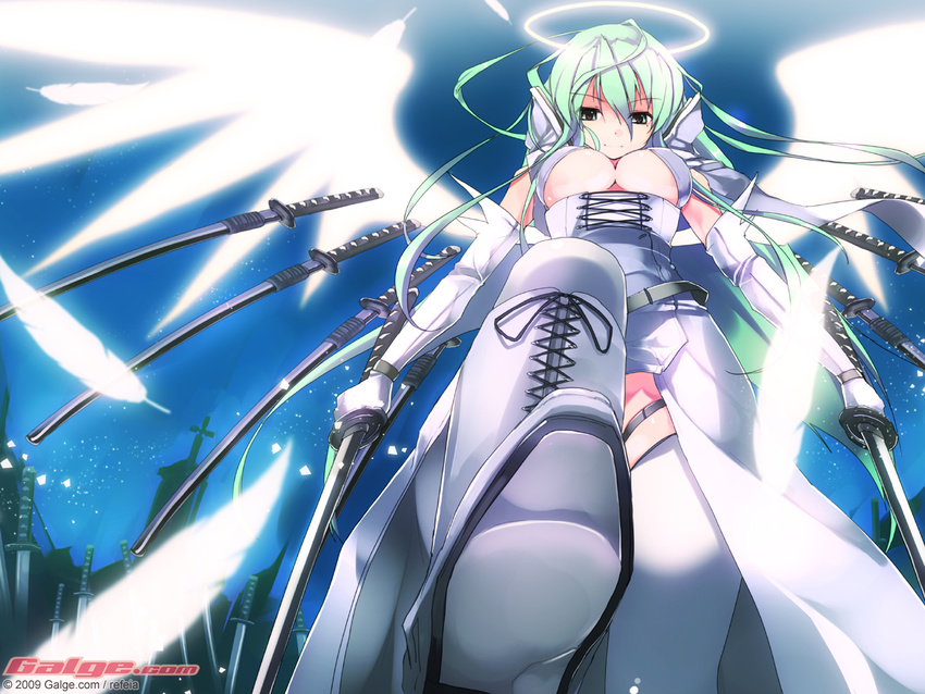 breasts feathers galge.com green_eyes green_hair halo katana large_breasts mole mole_under_eye refeia solo sword weapon wings