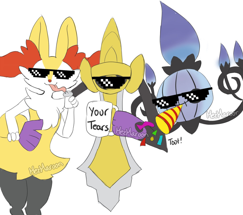 1girl :3 aegislash animal_ear_fluff animal_ears arm_around_waist artist_name blue_fire braixen chandelure closed_mouth confetti creatures_(company) cup deal_with_it english_text fire floating fox_ears fox_tail furry game_freak gen_5_pokemon gen_6_pokemon hand_on_hip hand_up happy highres holding jpeg_artifacts licking mezmaroon mouth_hold mug nintendo no_humans one-eyed party_popper pokemon pokemon_(creature) pokemon_(game) pokken_tournament saltshaker signature simple_background smile standing sunglasses tail tongue tongue_out white_background