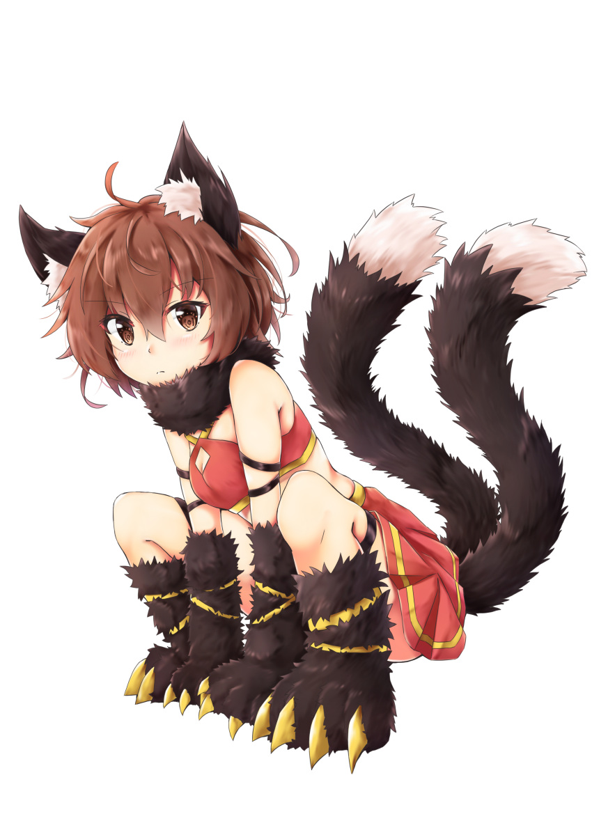 1girl absurdres ahoge akiteru98 alternate_costume animal_ear_fluff animal_ears arm_support bandeau bangs bare_shoulders black_footwear black_gloves blush boots breasts brown_eyes brown_hair cat_ears cat_tail chen claws cleavage_cutout commentary_request detached_collar eyebrows_visible_through_hair fur_boots fur_collar fur_gloves gloves hair_between_eyes highres looking_at_viewer miniskirt multiple_tails nekomata no_hat no_headwear pleated_skirt red_skirt ribbon short_hair simple_background skirt skirt_set small_breasts solo squatting tail touhou two_tails white_background yellow_ribbon