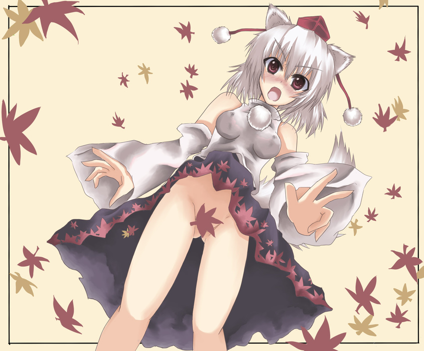 animal_ears ayaya bare_shoulders blush breasts censored convenient_censoring covered_nipples detached_sleeves hands hat highres impossible_clothes impossible_shirt inubashiri_momiji leaf looking_down medium_breasts no_panties red_eyes shirt silver_hair simple_background solo tail tokin_hat touhou upskirt wolf_ears wolf_tail