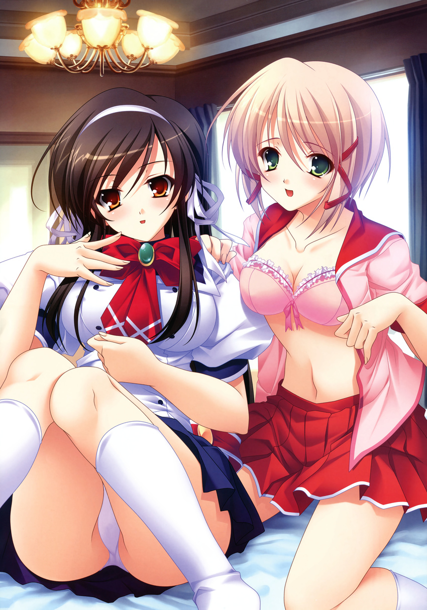 absurdres blonde_hair blush bra breasts brown_hair cleavage green_eyes highres kneehighs lingerie medium_breasts multiple_girls orange_eyes panties satou_satoru school_uniform shidou_risa socks tachibana_misato_(tsun_na_kanojo_dere_na_kanojo) tsun_na_kanojo_dere_na_kanojo underwear white_legwear