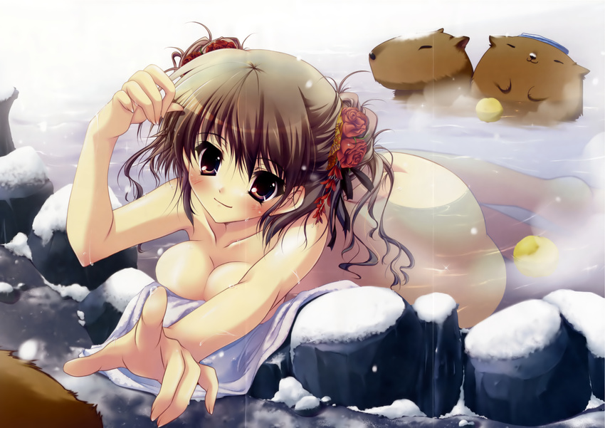 :3 =_= absurdres back blush breast_press breasts brown_eyes brown_hair capybara cleavage copyright_request crease flower hair_flower hair_ornament highres izumi_tsubasu lying medium_breasts nude onsen outdoors partially_submerged pointing rose scan smile snow solo towel twintails water wavy_hair wet