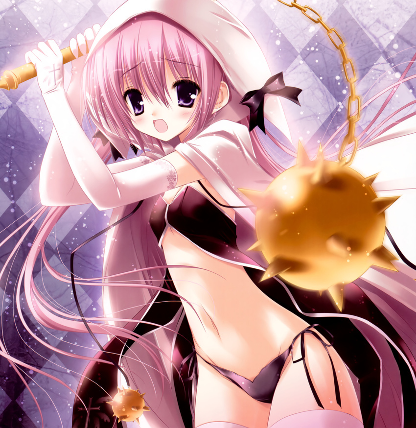 absurdres copyright_request elbow_gloves flail flat_chest gloves hat highres long_hair midriff navel panties pink_hair purple_eyes side-tie_panties solo thighhighs tinker_bell underwear weapon