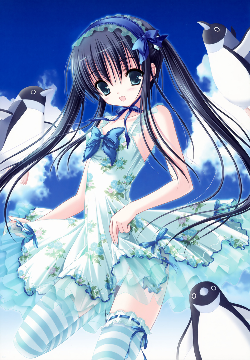 absurdres bird black_hair blue_eyes copyright_request dress flat_chest floral_print flower hairband highres lolita_hairband long_hair penguin ribbon solo striped striped_legwear thighhighs tinker_bell twintails