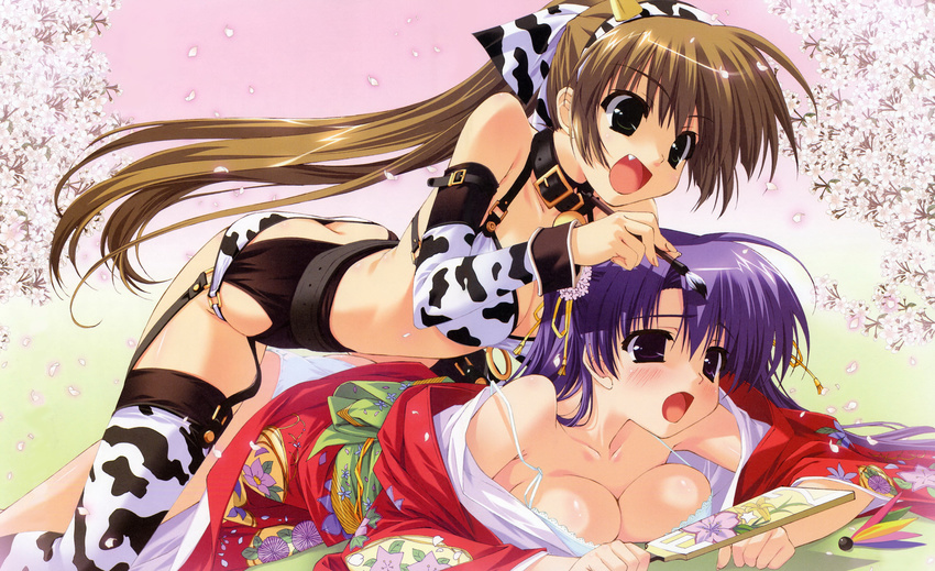 absurdres animal_print arched_back ass belt bra breast_press breasts brown_hair bullying butt_crack calligraphy_brush cherry_blossoms choker cleavage copyright_request cow_print detached_sleeves fang garter_belt girl_on_top green_eyes hanetsuki highres japanese_clothes large_breasts lingerie long_hair multiple_girls new_year open_mouth paintbrush panties petals purple_eyes purple_hair shintarou strap thighhighs underwear