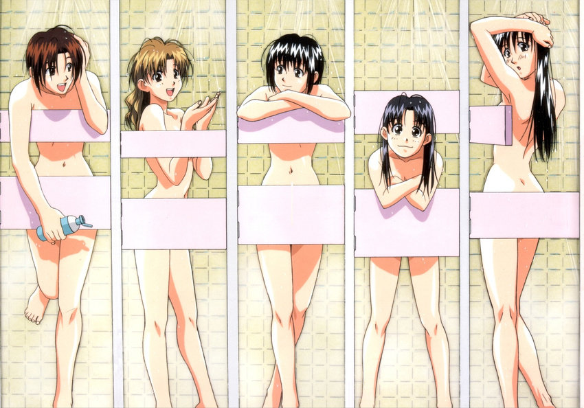 90s :d :o armpits arms_up artist_request back barefoot black_hair blonde_hair blush bottle brown_hair censored convenient_censoring crossed_arms crossed_legs embarrassed feet from_behind hand_on_head highres idol_bouetai_hummingbird leg_up legs lineup long_hair looking_back multiple_girls navel nude open_mouth short_hair showering siblings sisters sitting smile standing standing_on_one_leg steam surprised toreishi_kanna toreishi_mina toreishi_satsuki toreishi_uzuki toreishi_yayoi wet
