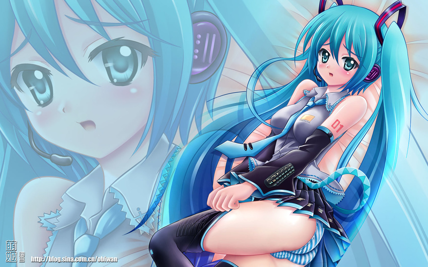 :o aqua_eyes aqua_hair blush detached_sleeves hatsune_miku headset highres long_hair necktie obiwan panties skirt solo striped striped_panties thighhighs twintails underwear very_long_hair vocaloid wallpaper zoom_layer