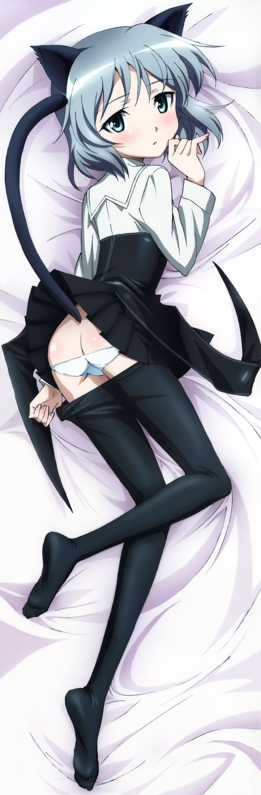 absurdres animal_ears ass bed black_legwear blush cat_ears dakimakura feet full_body green_eyes highres non-web_source panties pantyhose pantyhose_pull sanya_v_litvyak short_hair silver_hair soles solo strike_witches tail underwear world_witches_series yamakawa_kouji