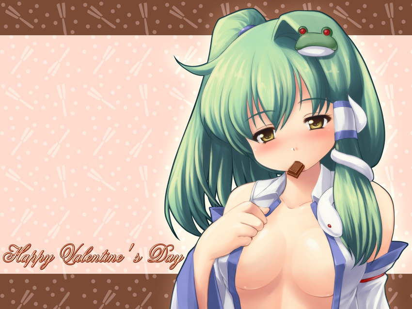 breasts chocolate cleavage happy_valentine highres kochiya_sanae medium_breasts open_clothes open_shirt shirt solo tdk touhou valentine