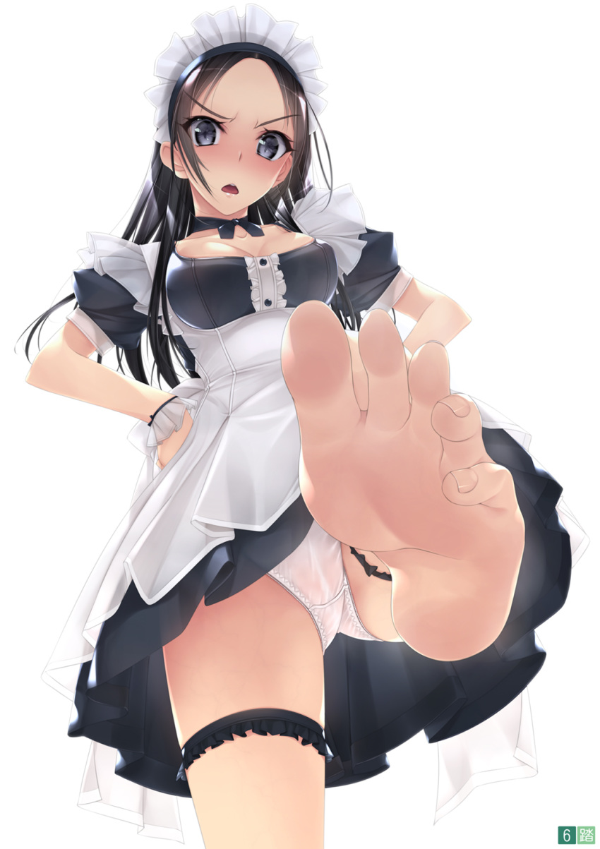 &gt;:o 1girl apron bare_legs barefoot black_choker black_dress black_hair black_ribbon blue_eyes breasts buttons cameltoe center_frills choker cleavage collarbone commentary_request dress eyebrows_visible_through_hair eyelashes feet frilled_legwear frills from_below hands_on_hips highres leg_up legs long_hair looking_at_viewer maid maid_apron maid_headdress medium_breasts murakami_suigun no_shoes non-web_source open_mouth original panties pantyshot pantyshot_(standing) pleated_dress pov_feet puffy_short_sleeves puffy_sleeves ribbon ribbon_choker short_dress short_sleeves simple_background soles solo standing standing_on_one_leg thigh_strap thighs toes underwear upper_body upskirt white_apron white_background white_panties wrist_cuffs