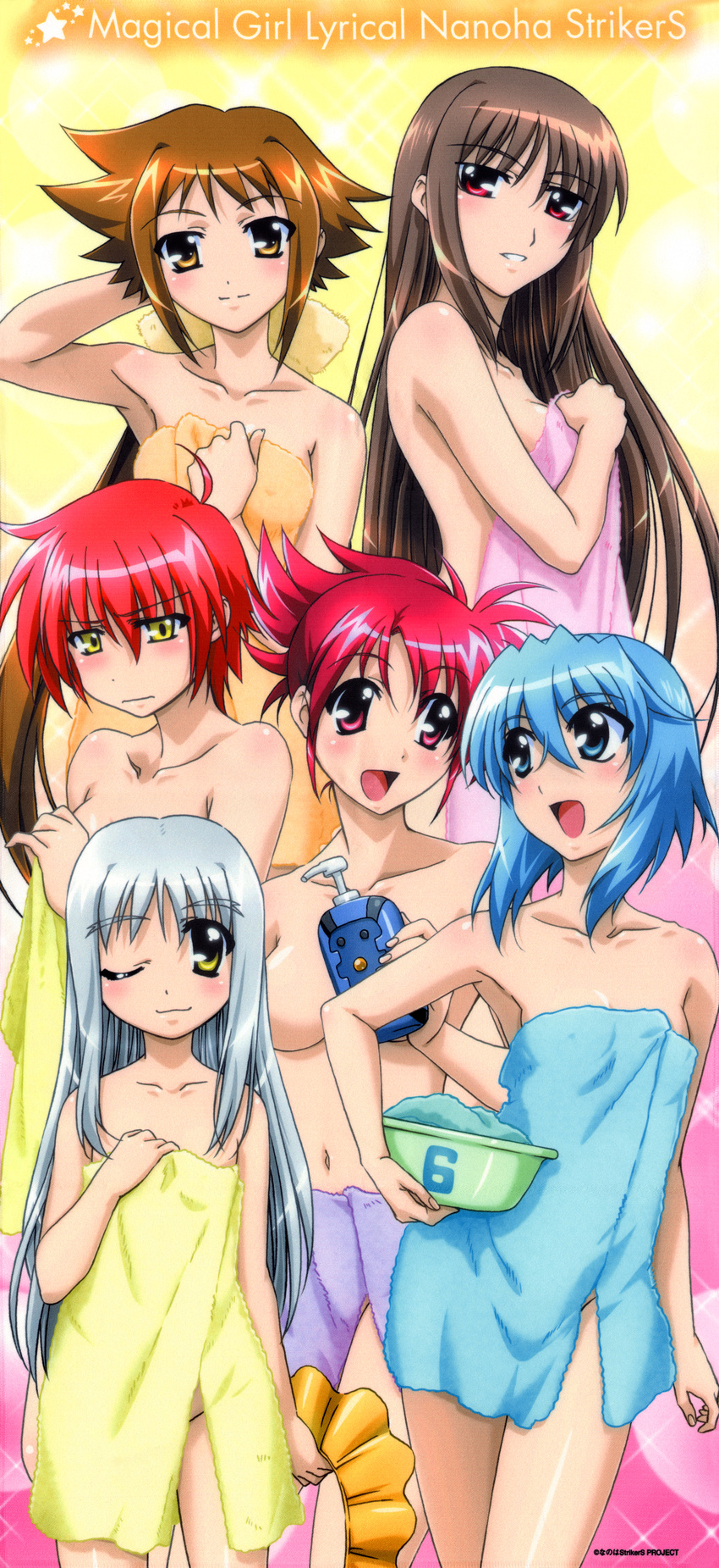 absurdres artist_request blue_eyes blue_hair blue_towel blush breasts brown_eyes brown_hair cinque_(nanoha) convenient_censoring convenient_head copyright_name covered_nipples covering deed_(nanoha) dieci_(nanoha) embarrassed green_towel highres holding holding_towel huge_filesize long_hair lyrical_nanoha mahou_shoujo_lyrical_nanoha_strikers medium_breasts missing_eye multiple_girls naked_towel navel nove_(nanoha) nude_cover numbers_(nanoha) open_mouth orange_towel pink_towel purple_towel red_eyes red_hair sein_(nanoha) short_hair silver_hair small_breasts smile topless towel towel_around_waist wendi_(nanoha) yellow_eyes yellow_towel