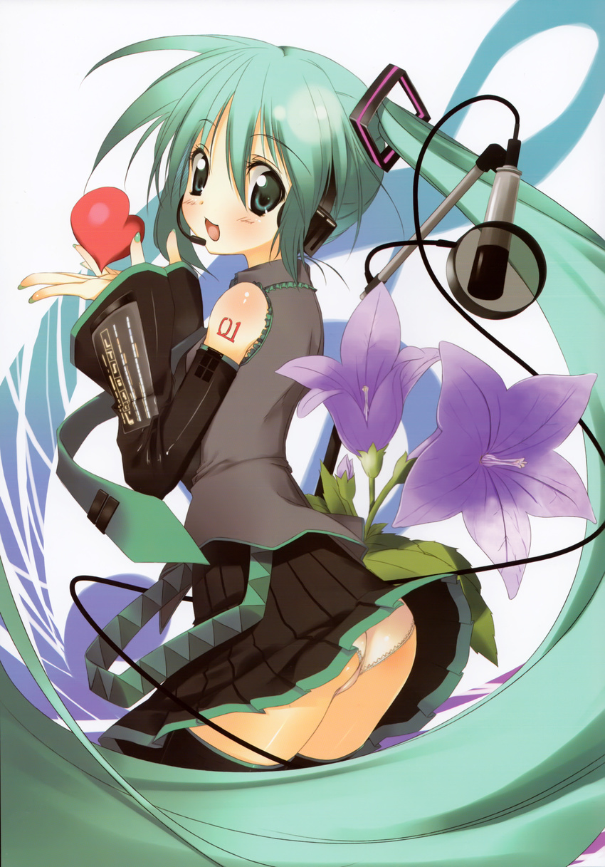 absurdres aqua_eyes aqua_hair ass detached_sleeves flower green_nails hatsune_miku headset heart highres kagome_(traumatize) long_hair looking_back microphone nail_polish necktie open_mouth panties solo thighhighs twintails underwear very_long_hair vocaloid white_panties