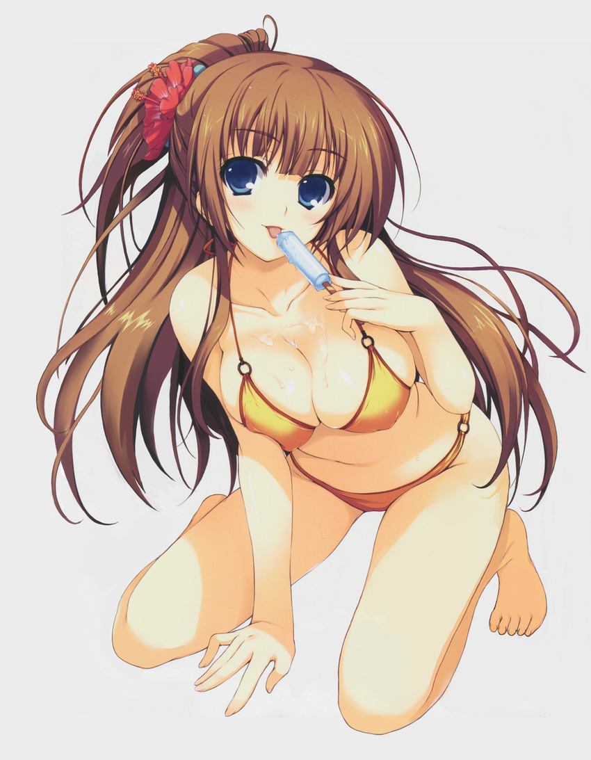 barefoot bikini blue_eyes breasts brown_hair cleavage copyright_request flower food hair_flower hair_ornament hibiscus highres large_breasts long_hair o-ring o-ring_bikini one_side_up popsicle sexually_suggestive solo swimsuit tomose_shunsaku tongue