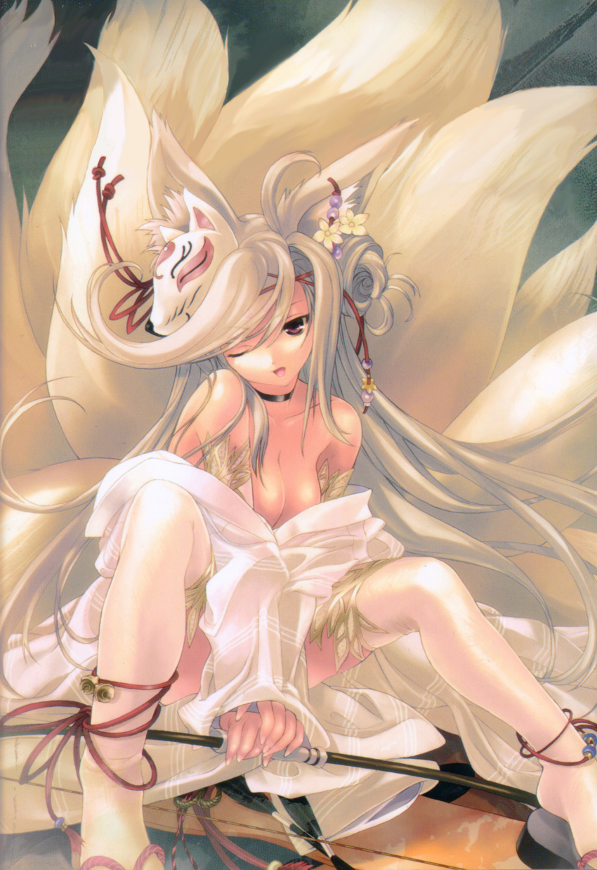 animal_ears anklet bell blonde_hair bow_(weapon) breasts cleavage fox fox_ears fox_mask fox_tail hair_ornament highres japanese_clothes jewelry long_hair mask miwa_yoshikazu moe_moe_youkai_jiten off_shoulder one_eye_closed pink_eyes shiny shiny_clothes sitting small_breasts solo tail thighhighs weapon