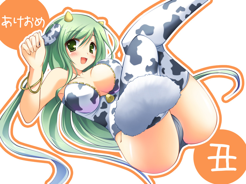 akeome animal_ears animal_print bell blush breasts cleavage cow_ears cow_print green_eyes green_hair happy_new_year highres horns large_breasts long_hair massan new_year open_mouth original smile solo thighhighs very_long_hair