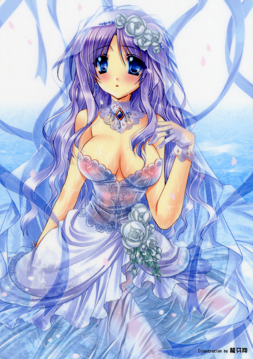 bare_shoulders blue_eyes blush breasts bridal_veil bride copyright_request dress flower gloves highres jewelry large_breasts long_hair purple_hair ring ryuuga_shou see-through solo veil wedding_dress wet