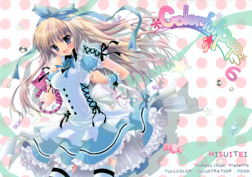 absurdres alice_(wonderland) alice_in_wonderland blonde_hair blue_eyes blush bow cheshire_cat cross-laced_clothes dress hair_bow hair_ribbon highres izumi_tsubasu long_hair ribbon striped striped_legwear stuffed_animal stuffed_bunny stuffed_cat stuffed_toy thighhighs white_rabbit wrist_cuffs