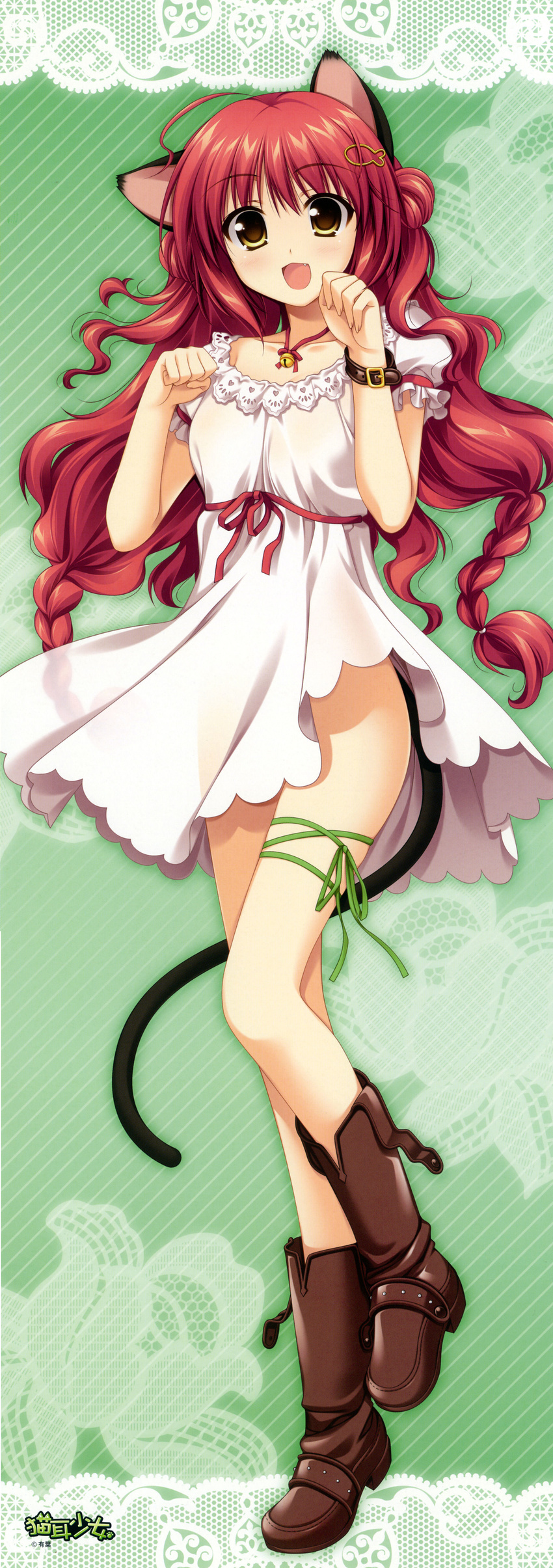 :3 :d absurdres ahoge alpha_(yukai_na_nakamatachi) animal_ears bell boots braid cat_ears cat_tail copyright_request cuffs dress fang fish_hair_ornament flat_chest hair_ornament hairpin highres jingle_bell lace_border long_hair long_image open_mouth paw_pose red_hair ribbon smile solo stick_poster tail tall_image thigh_ribbon twin_braids very_long_hair wavy_hair yellow_eyes