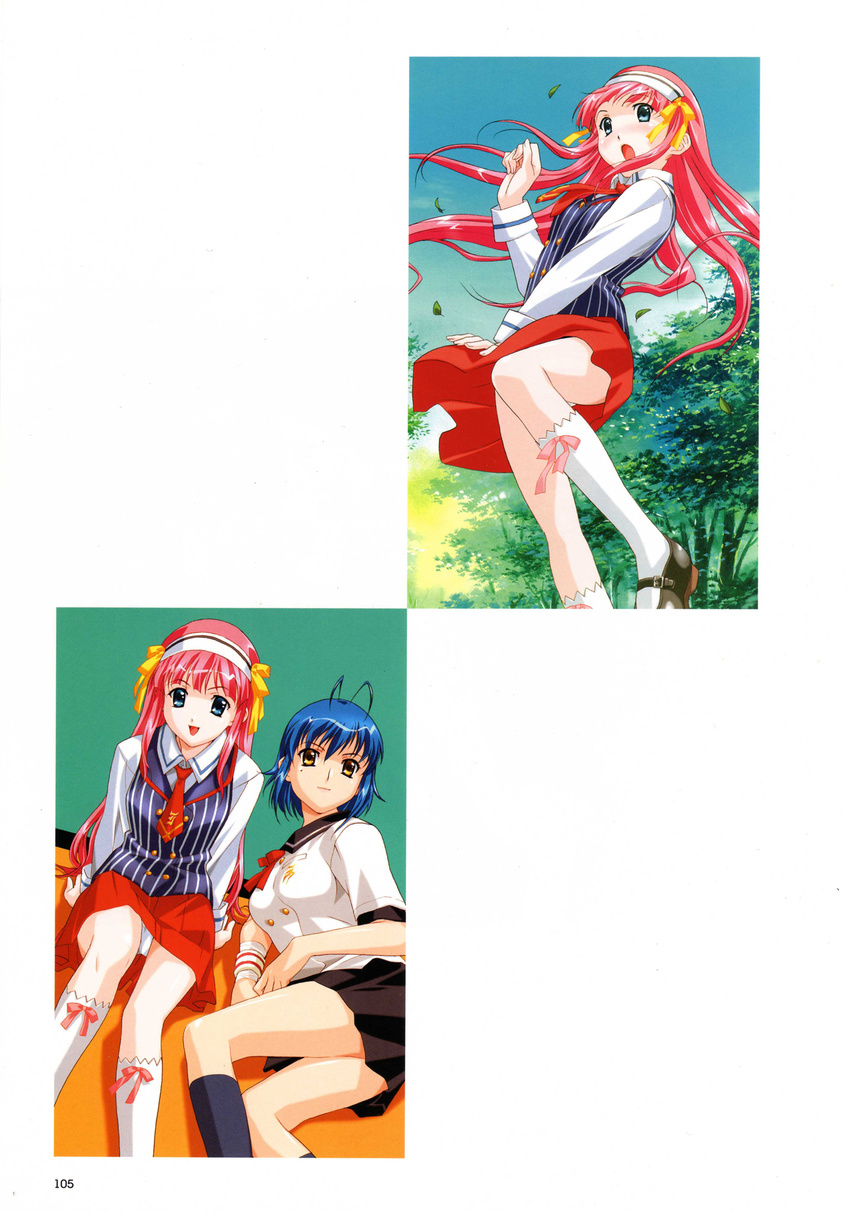 :d :o antenna_hair arm_support bangs black_legwear blue_eyes blue_hair blush bow buttons cloud covering covering_crotch dutch_angle embarrassed flat_chest hair_ribbon hairband happoubi_jin highres indoors kashima_kaori kneehighs leaf leg_lift legs long_hair looking_at_viewer lying manatsu_no_tobira mary_janes mizuhara_nanami mole mole_under_eye multiple_girls nature necktie official_art on_side open_mouth outdoors panties pantyshot pantyshot_(sitting) pink_hair pleated_skirt ribbon scan scan_artifacts school_uniform shiny shiny_hair shoes short_hair sidelocks sitting skirt sky smile socks standing standing_on_one_leg striped surprised tree underwear vest white_legwear white_panties wind wind_lift wristband yellow_eyes
