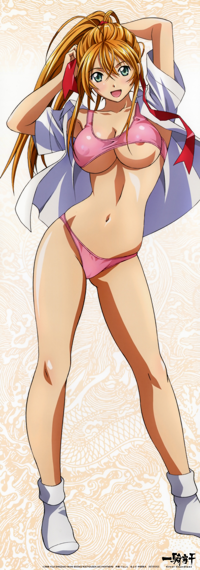absurdres adjusting_hair ahoge areola_slip areolae arms_behind_head blush breasts cleavage contrapposto green_eyes hair_ribbon highres ikkitousen ikkitousen_great_guardians large_breasts legs lingerie long_hair long_legs looking_at_viewer midriff navel nipple_slip nipples open_clothes open_mouth open_shirt orange_hair panties pink_panties ponytail ribbon rin-sin shiny shiny_skin shirt socks solo sonsaku_hakufu sports_bra standing thighs underboob underwear wide_hips