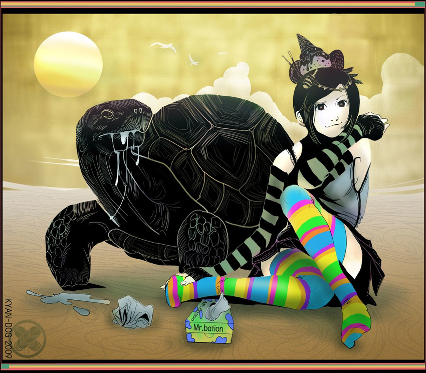 :3 arm_warmers copyright_request detached_sleeves elbow_gloves gloves hair_ornament kyan-dog multicolored multicolored_clothes multicolored_legwear pun sexually_suggestive sitting skirt smile solo striped striped_legwear thighhighs tissue_box turtle