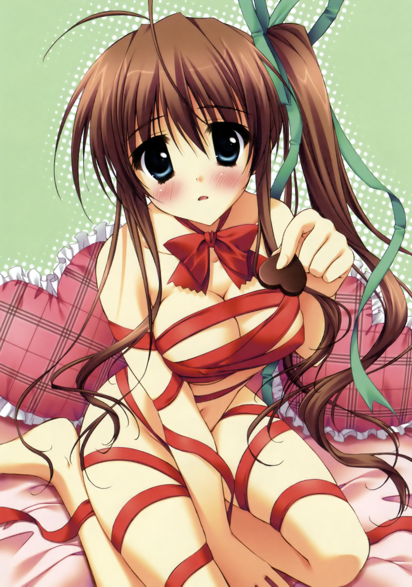 absurdres akane-iro_ni_somaru_saka antenna_hair arm_support bangs barefoot bed blue_eyes blush bow breasts brown_hair chocolate chocolate_heart cleavage covered_nipples fingernails frills green_background hair_ribbon halftone heart heart_pillow highres incoming_gift large_breasts leaning_forward long_fingernails long_hair looking_at_viewer nagase_minato naked_ribbon navel outline parted_lips pillow plaid ponytail ribbon ryouka_(suzuya) seiza side_ponytail sidelocks simple_background sitting solo valentine very_long_hair